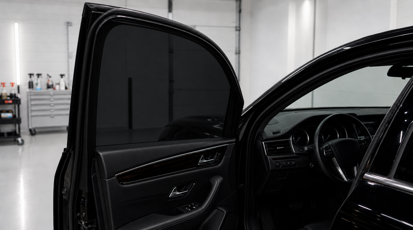 Vehicle door showing a professionally finished dark window tint installation