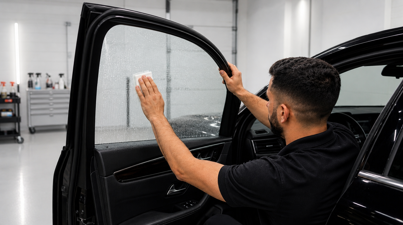 Technician carefully preparing a vehicle window before professional tint installation